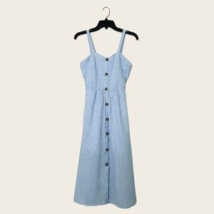 Sienna Sky Blue Linen Blend Button Front Pleated A Line Dress